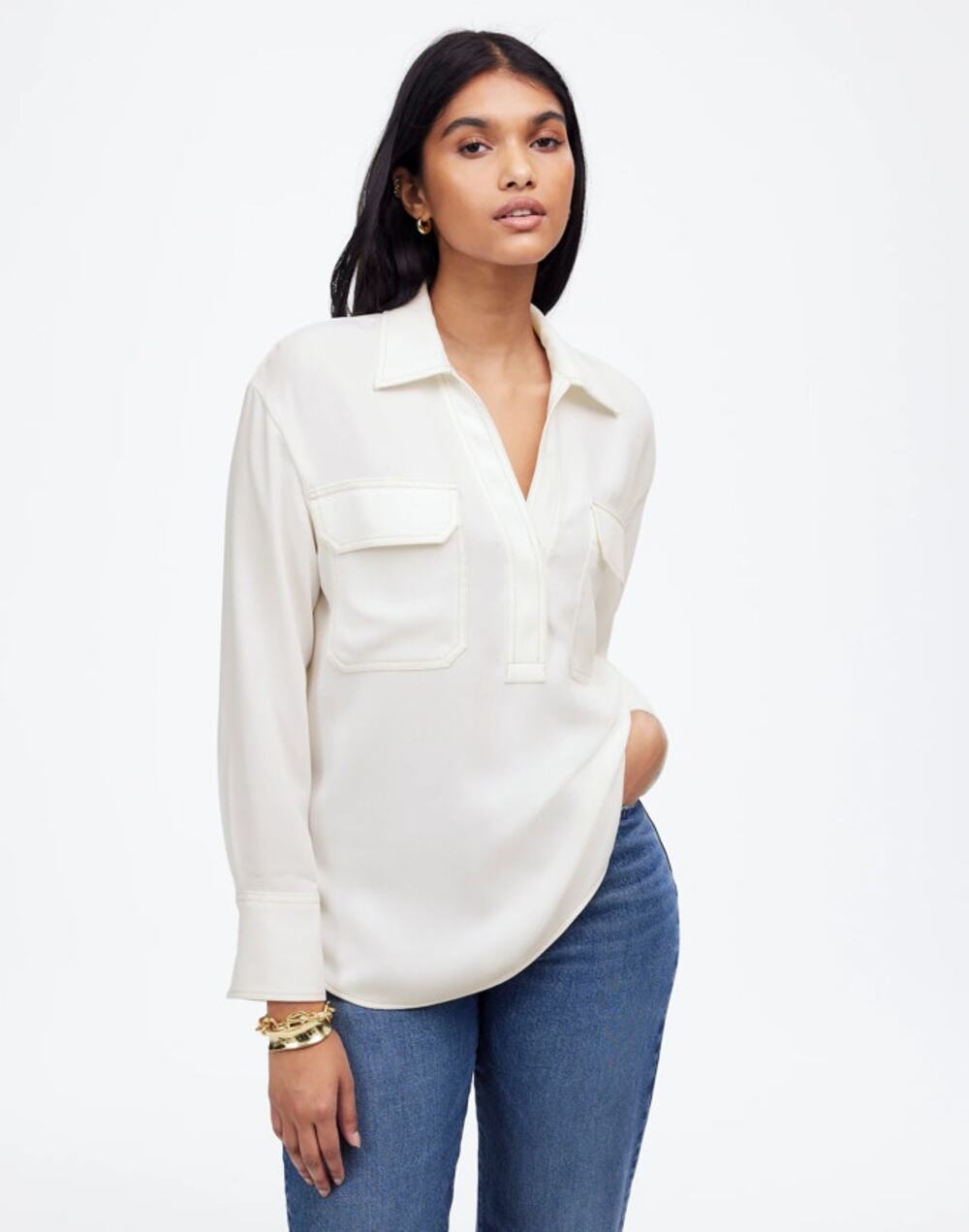 Madewell Contrast-Stitch Popover Shirt WMNS S Winter White Long Sleeve Stretchy
